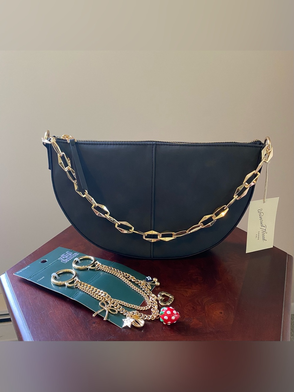 Universal Thread Black Half-Moon Shoulder Bag with Gold Chain Strap & PurseCharm